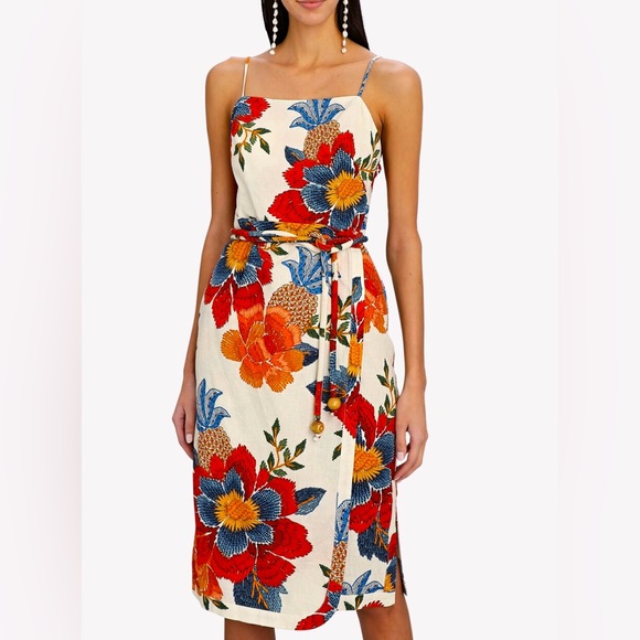 FARM Rio Dresses & Skirts - FARM Rio XS White Pineapple Flowers Linen Blend Midi Wrap Dress
